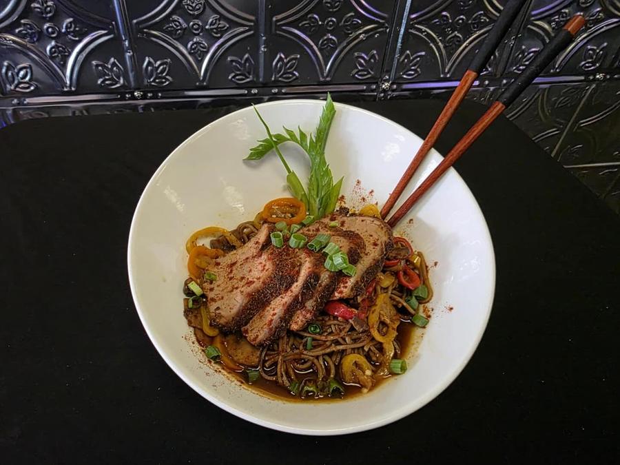 Noodle bowl under the pressed-tin ceiling at Twysted Vyne, Inverness FL